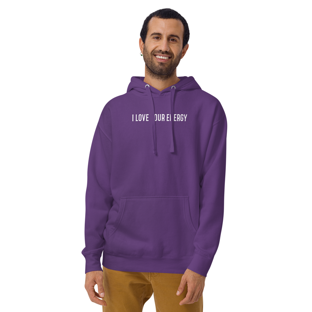 "I love your energy" printed on a purple warn by a male