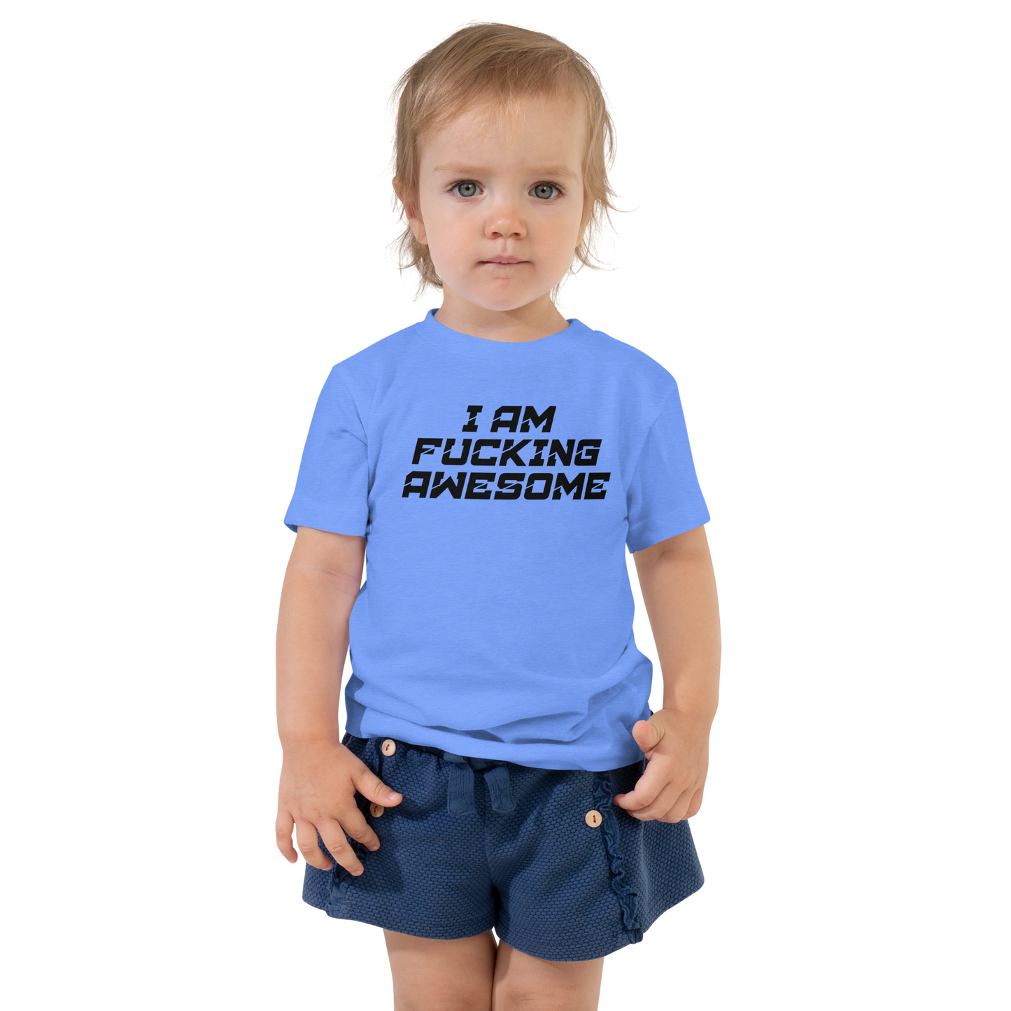 "I Am Fucking Awesome" printed on a heather columbia blue toddler short sleeve tee worn by a female