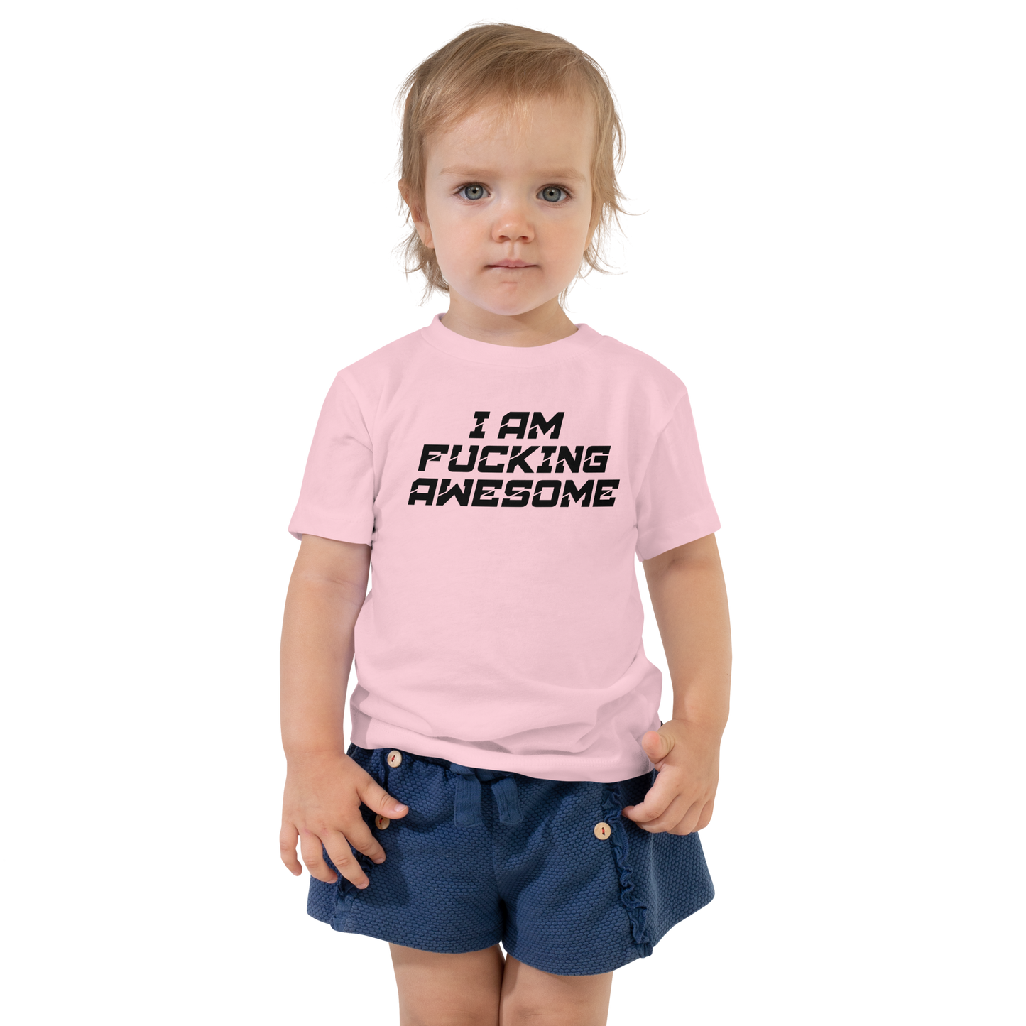 "I Am Fucking Awesome" printed on a pink toddler short sleeve tee worn by a female