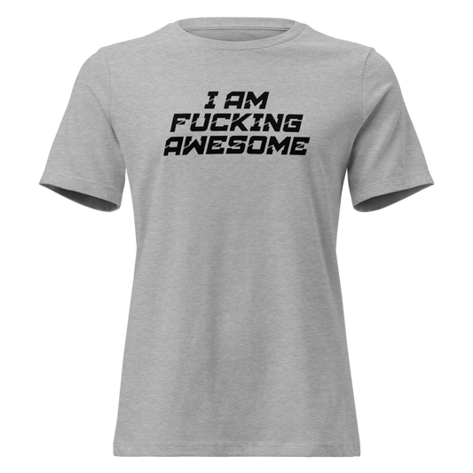 "I Am Fucking Awesome" printed on a athletic heather on an invisible / simulated body
