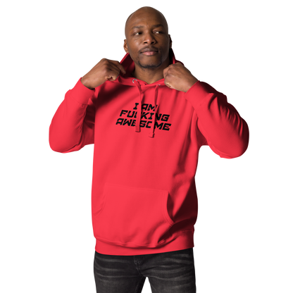 "I Am Fucking Awesome" printed on a team red unisex hoodie worn by a male