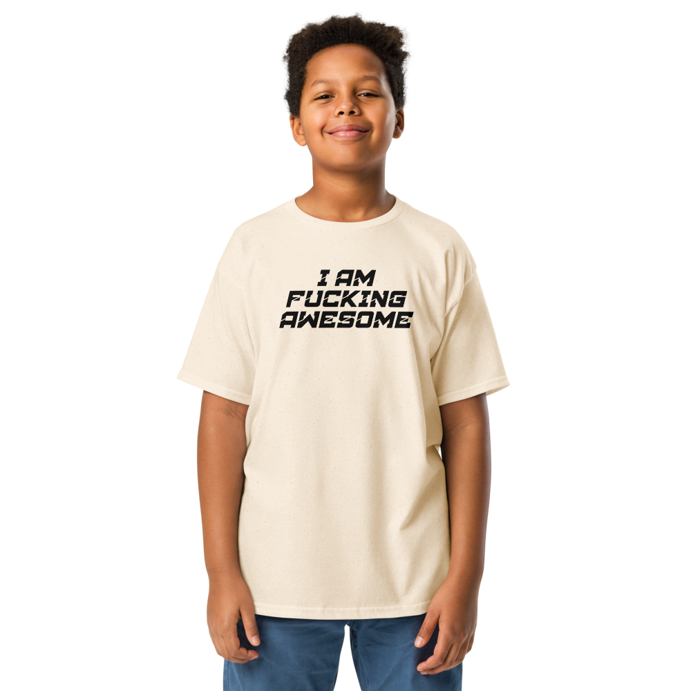 "I Am Fucking Awesome" printed on a natural youth classic tee worn by a male