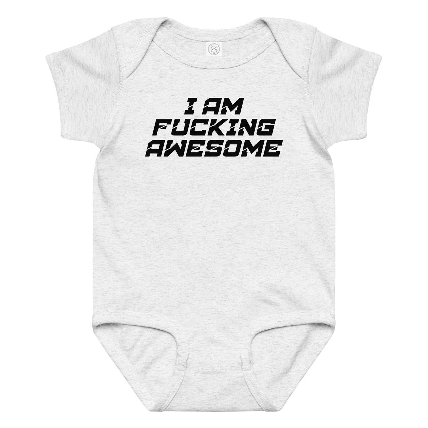 "I Am Fucking Awesome" printed on a ash baby jersey bodysuit laying on a flat surface amongst other clothes