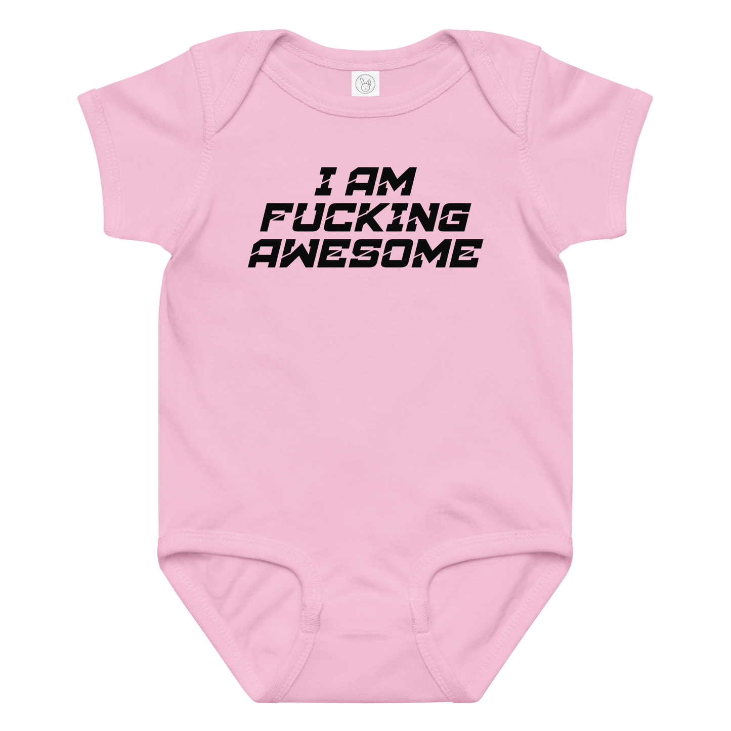 "I Am Fucking Awesome" printed on a pink baby jersey bodysuit laying on a flat surface amongst other clothes