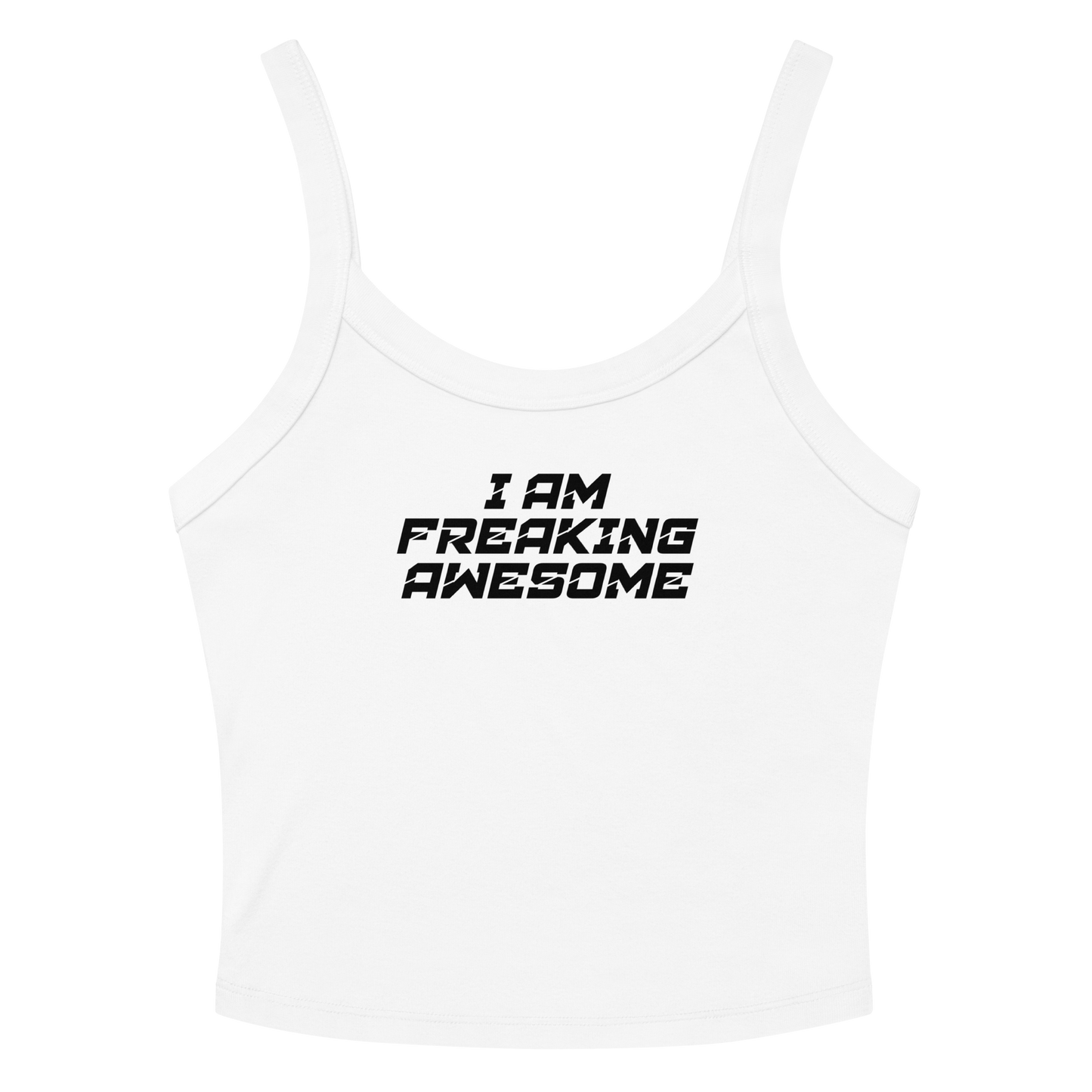 "I Am Freaking Awesome" printed on a solid white blend women's micro-rib tanktop laying on a flat surface amongst sunglasses and shorts