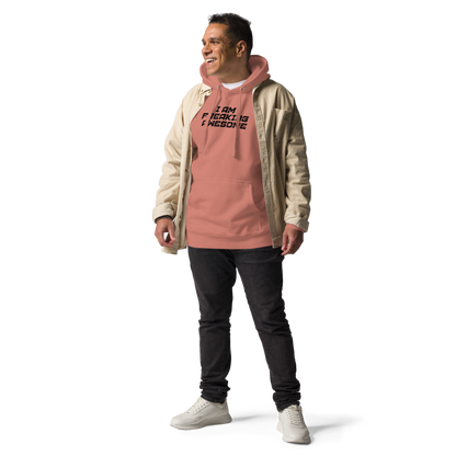 "I Am Freaking Awesome" printed on a dusty rose unisex hoodie worn by a male with a jacket on top