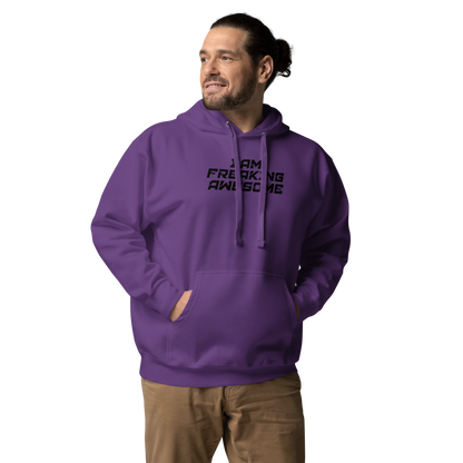 "I Am Freaking Awesome" printed on a purple unisex hoodie worn by a male