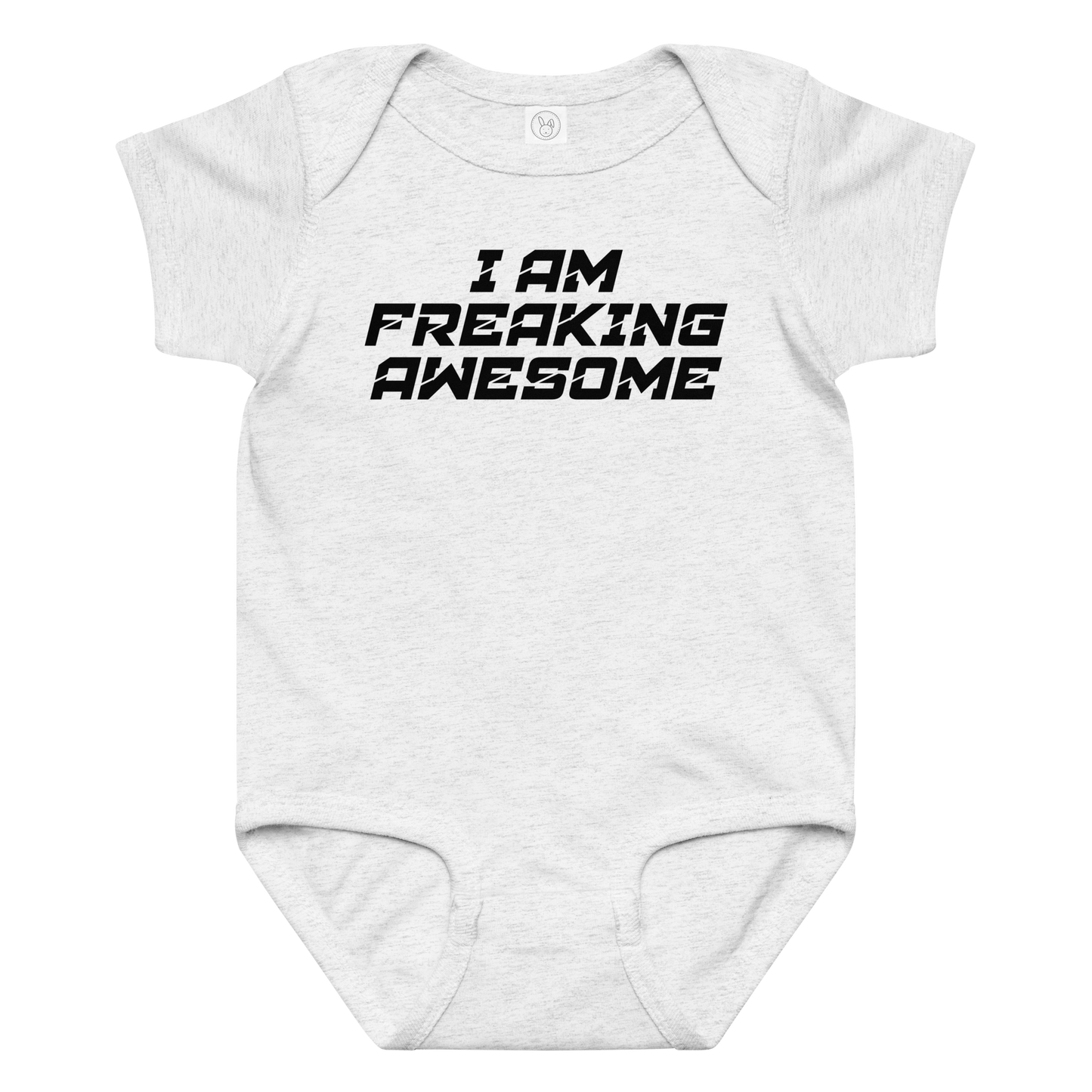 "I Am Freaking Awesome" printed on a ash baby jersey bodysuit laying on a flat surface amongst other clothes