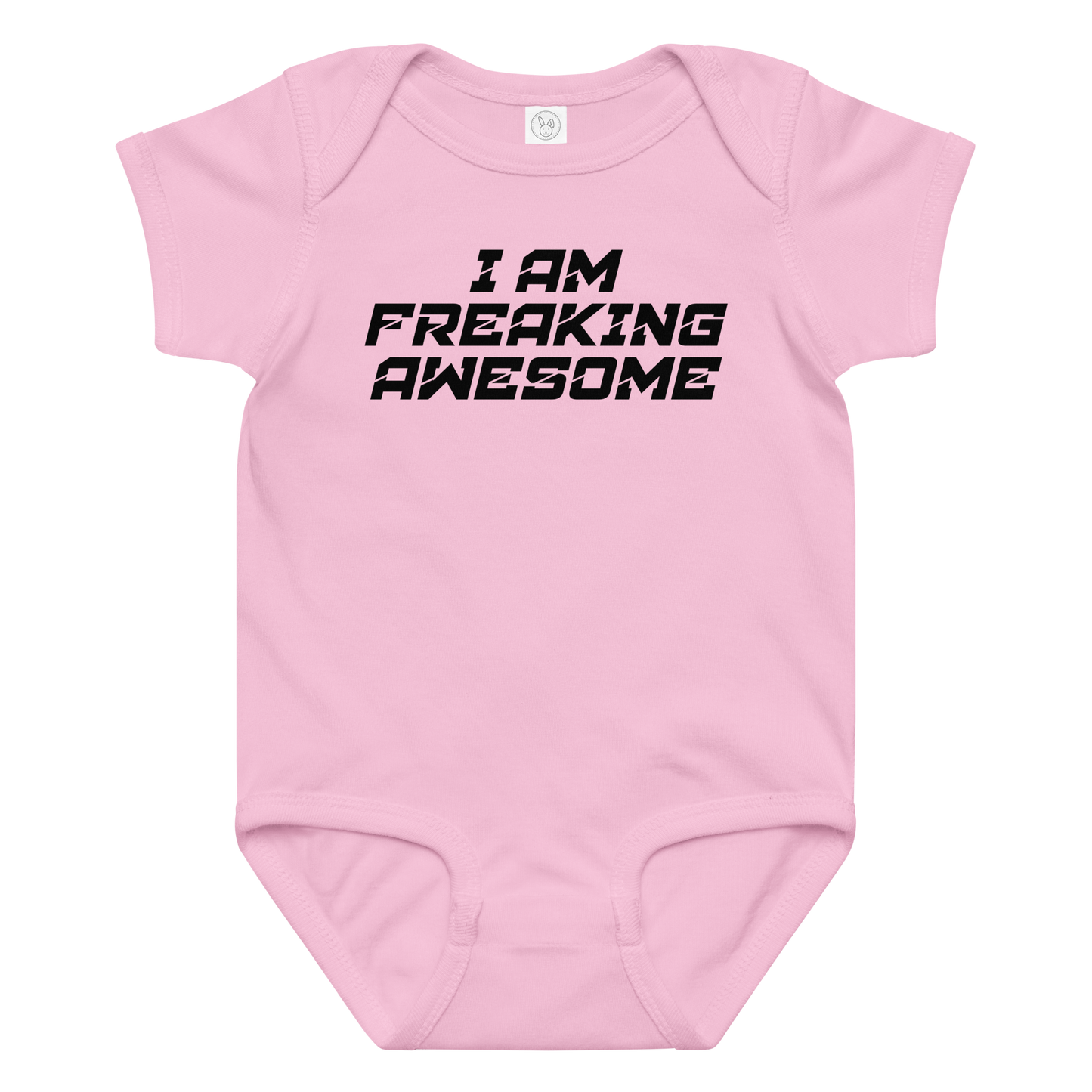 "I Am Freaking Awesome" printed on a pink baby jersey bodysuit laying on a flat surface amongst other clothes