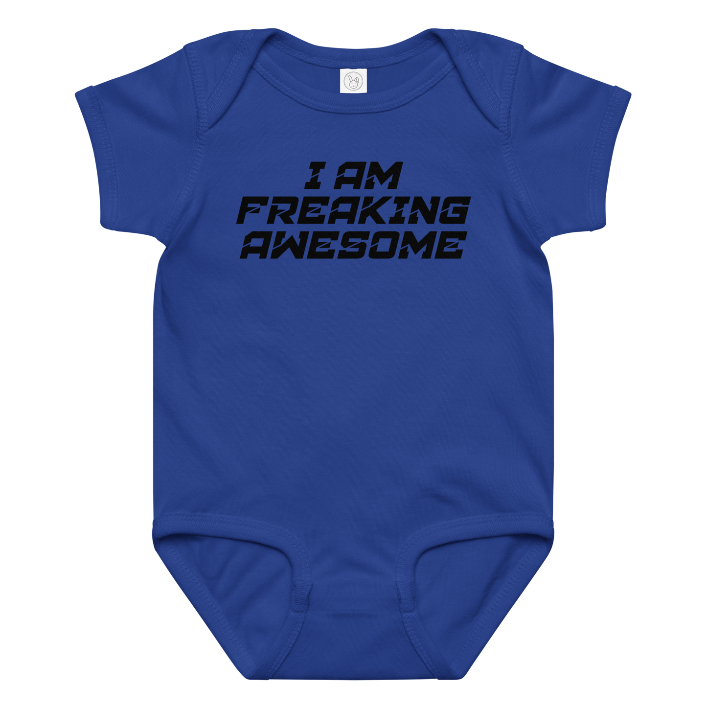 "I Am Freaking Awesome" printed on a royal baby jersey bodysuit laying on a flat surface amongst other clothes