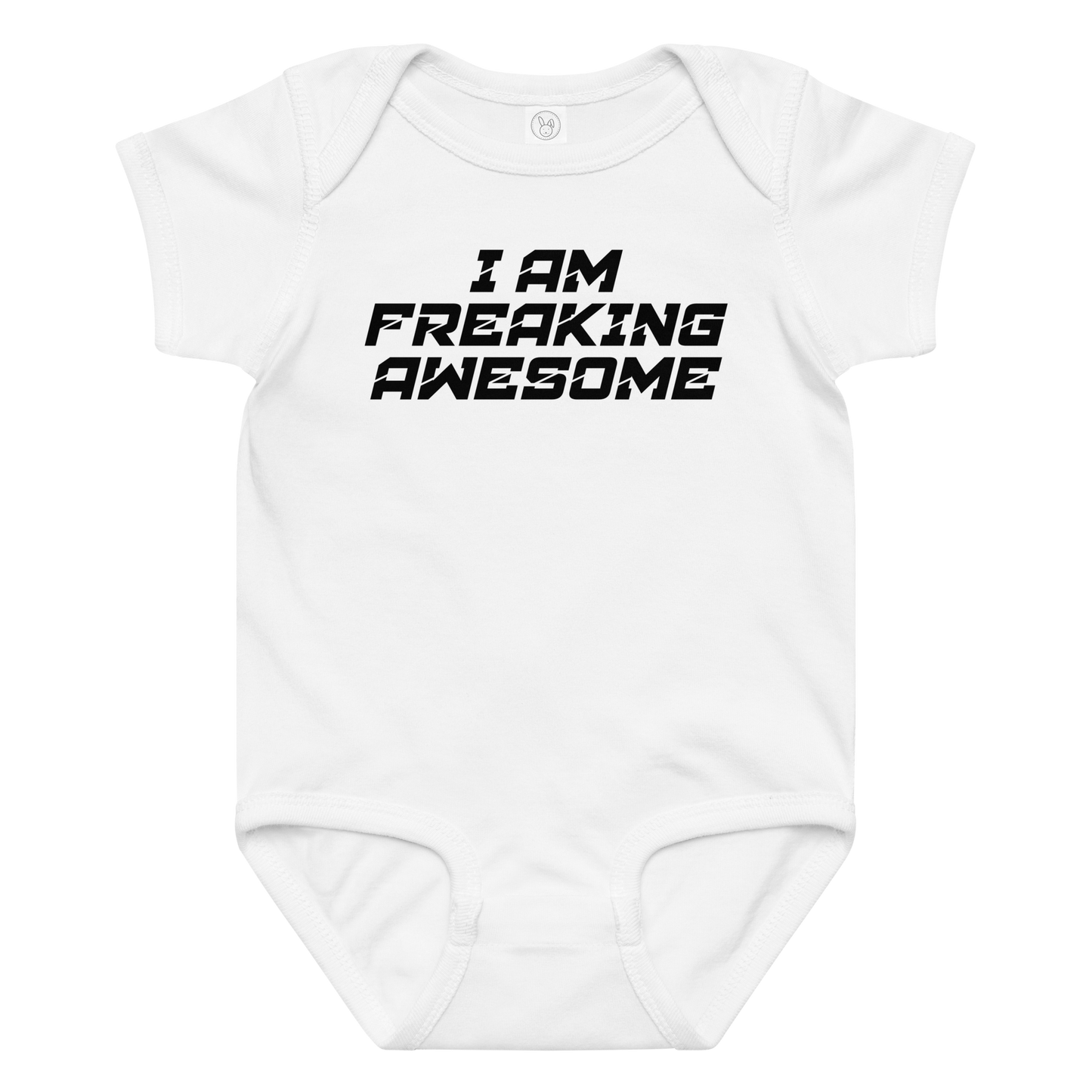 "I Am Freaking Awesome" printed on a white baby jersey bodysuit laying on a flat surface amongst other clothes