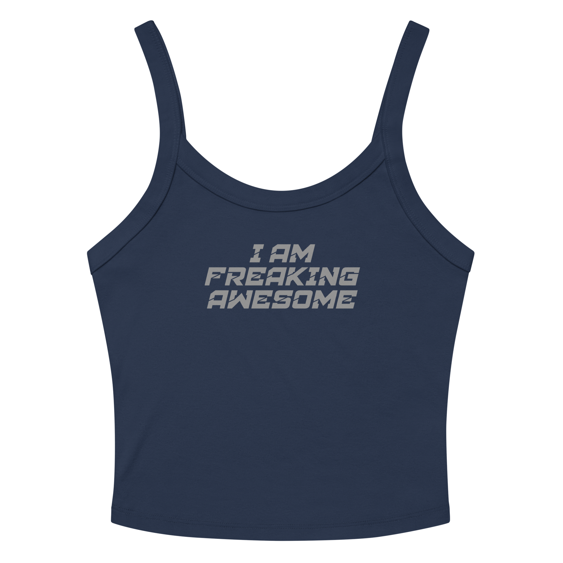 "I Am Freaking Awesome" printed on a solid navy blend women's micro-rib tanktop laying on a flat surface amongst sunglasses and shorts