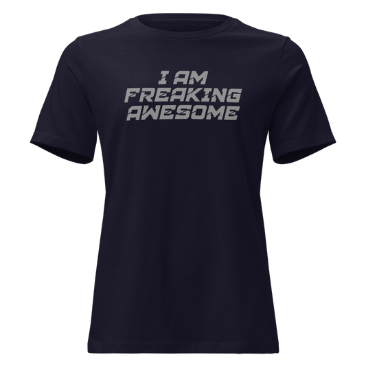 "I Am Freaking Awesome" printed on a navy on an invisible / simulated body