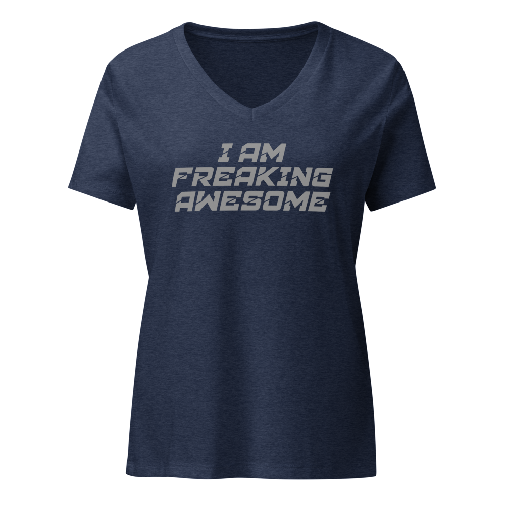 "I Am Freaking Awesome" printed on a heather navy on an invisible / simulated body