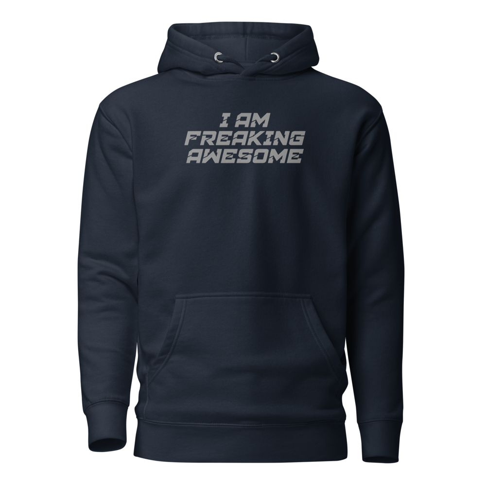 "I Am Freaking Awesome" printed on a navy blazer on an invisible / simulated body