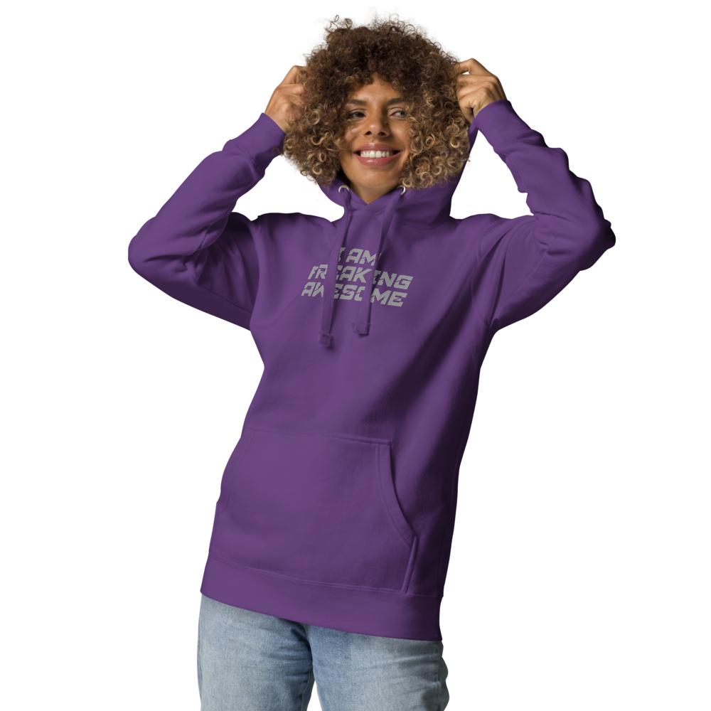 "I Am Freaking Awesome" printed on a purple unisex hoodie worn by a female
