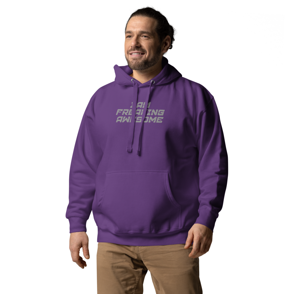 "I Am Freaking Awesome" printed on a purple unisex hoodie worn by a male