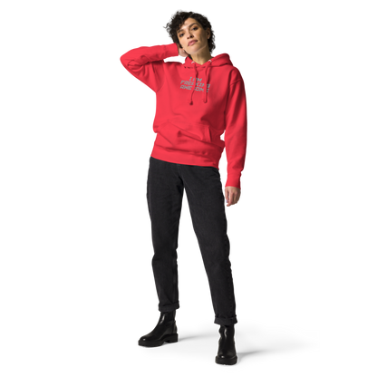 "I Am Freaking Awesome" printed on a team red unisex hoodie worn by a female