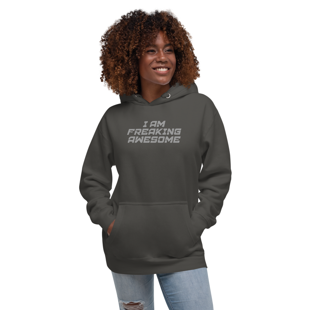 "I Am Freaking Awesome" printed on a vintage black unisex hoodie worn by a female