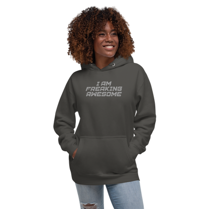 "I Am Freaking Awesome" printed on a vintage black unisex hoodie worn by a female