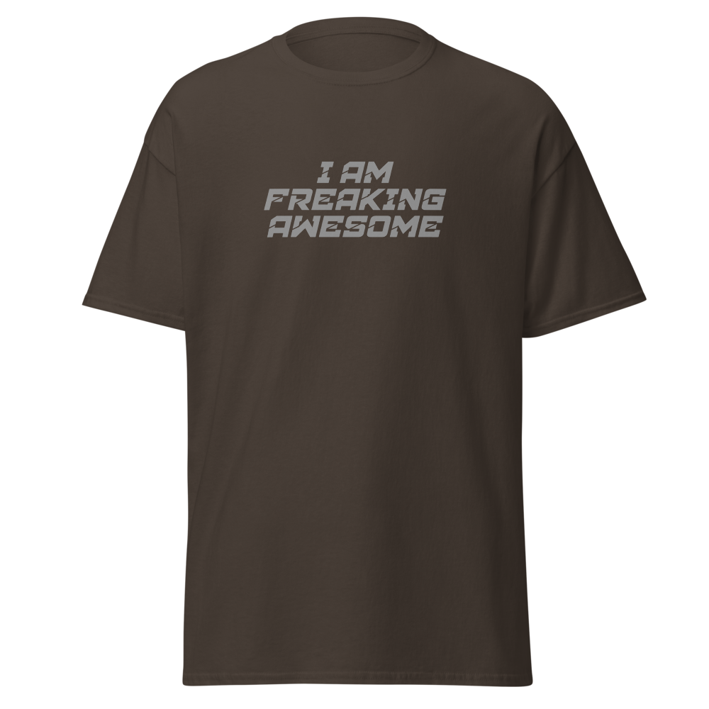 "I Am Freaking Awesome" printed on a dark chocolate on an invisible body