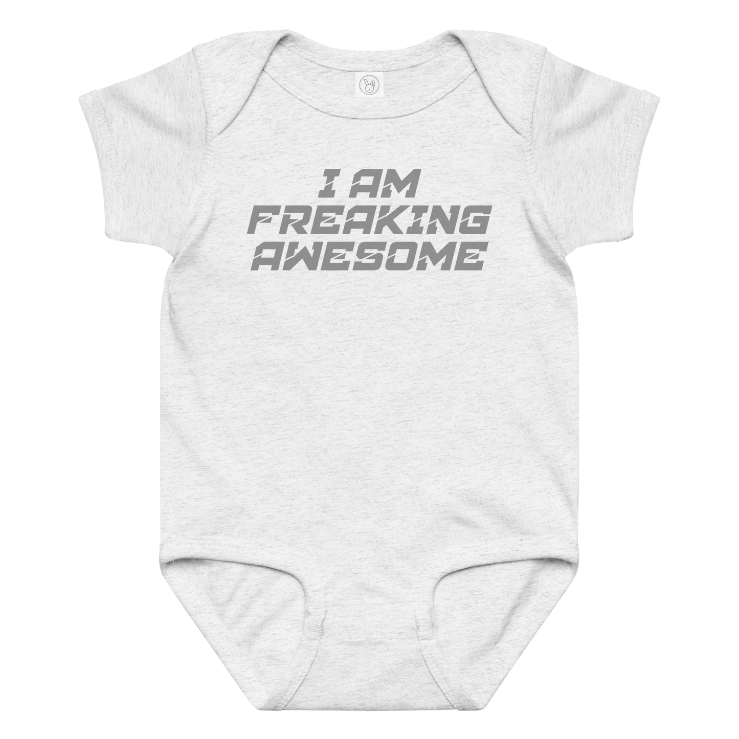 "I Am Freaking Awesome" printed on a ash baby jersey bodysuit laying on a flat surface amongst other clothes