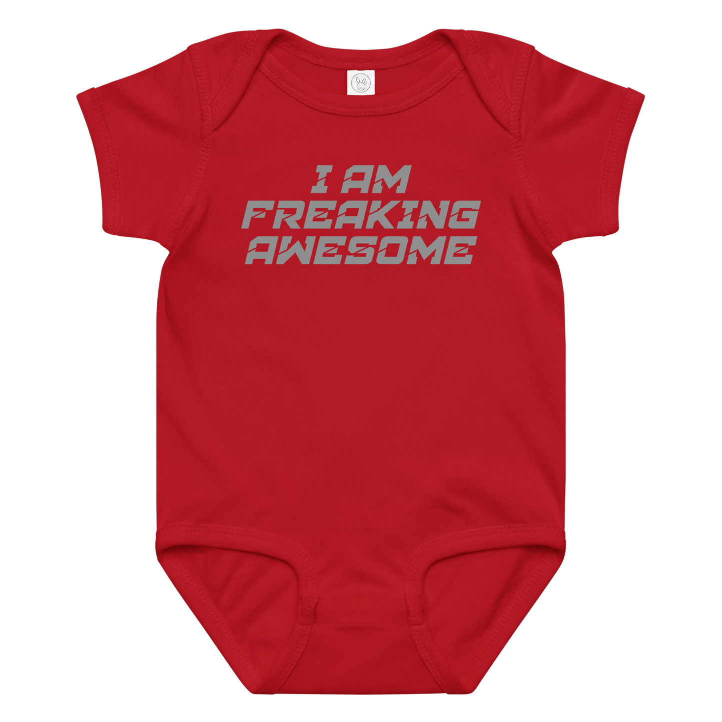 "I Am Freaking Awesome" printed on a red baby jersey bodysuit laying on a flat surface amongst other clothes