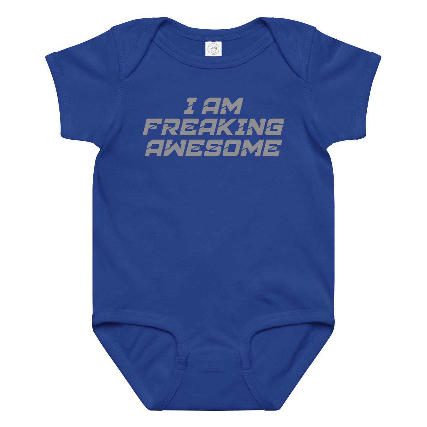 "I Am Freaking Awesome" printed on a royal baby jersey bodysuit laying on a flat surface amongst other clothes