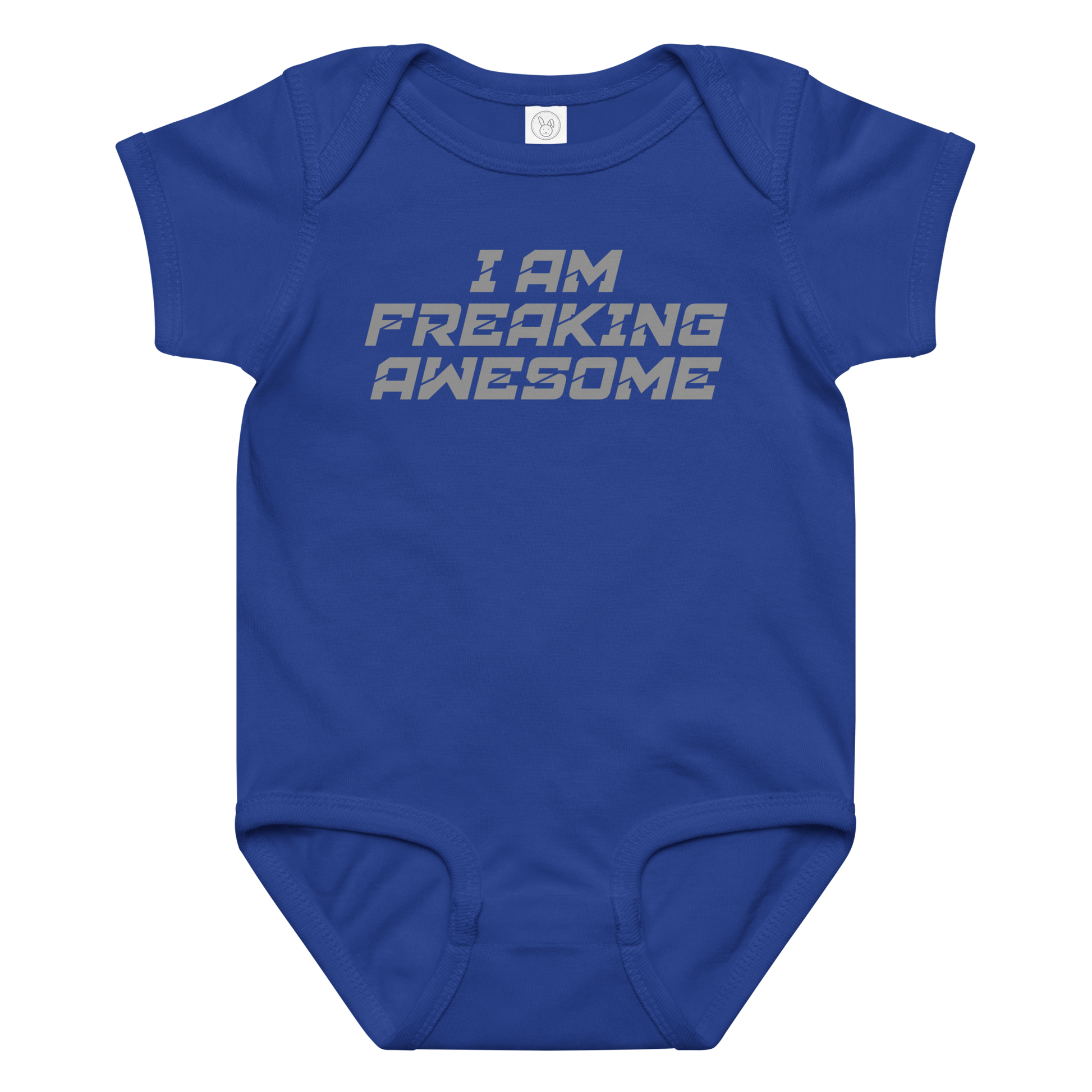 "I Am Freaking Awesome" printed on a royal baby jersey bodysuit laying on a flat surface amongst other clothes