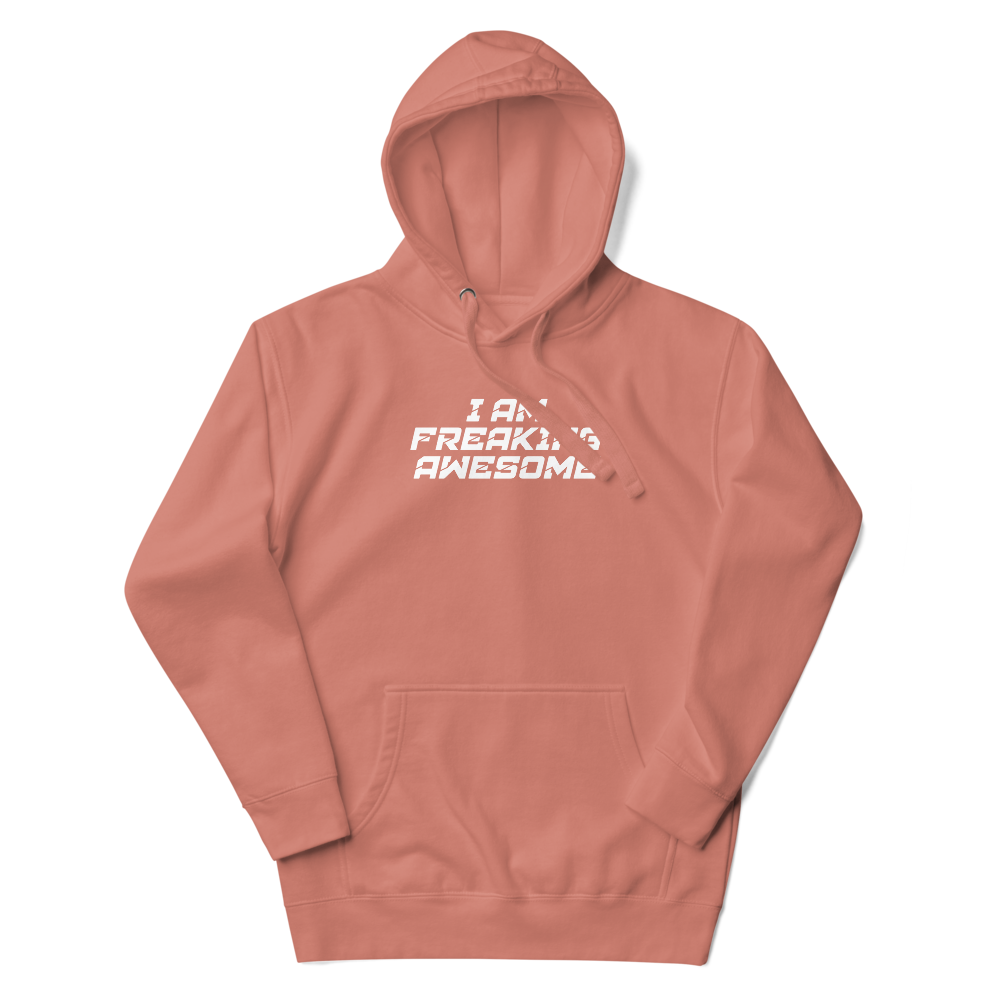 "I Am Freaking Awesome" printed on a dusty rose unisex hoodie laying on a flat surface with the hood up