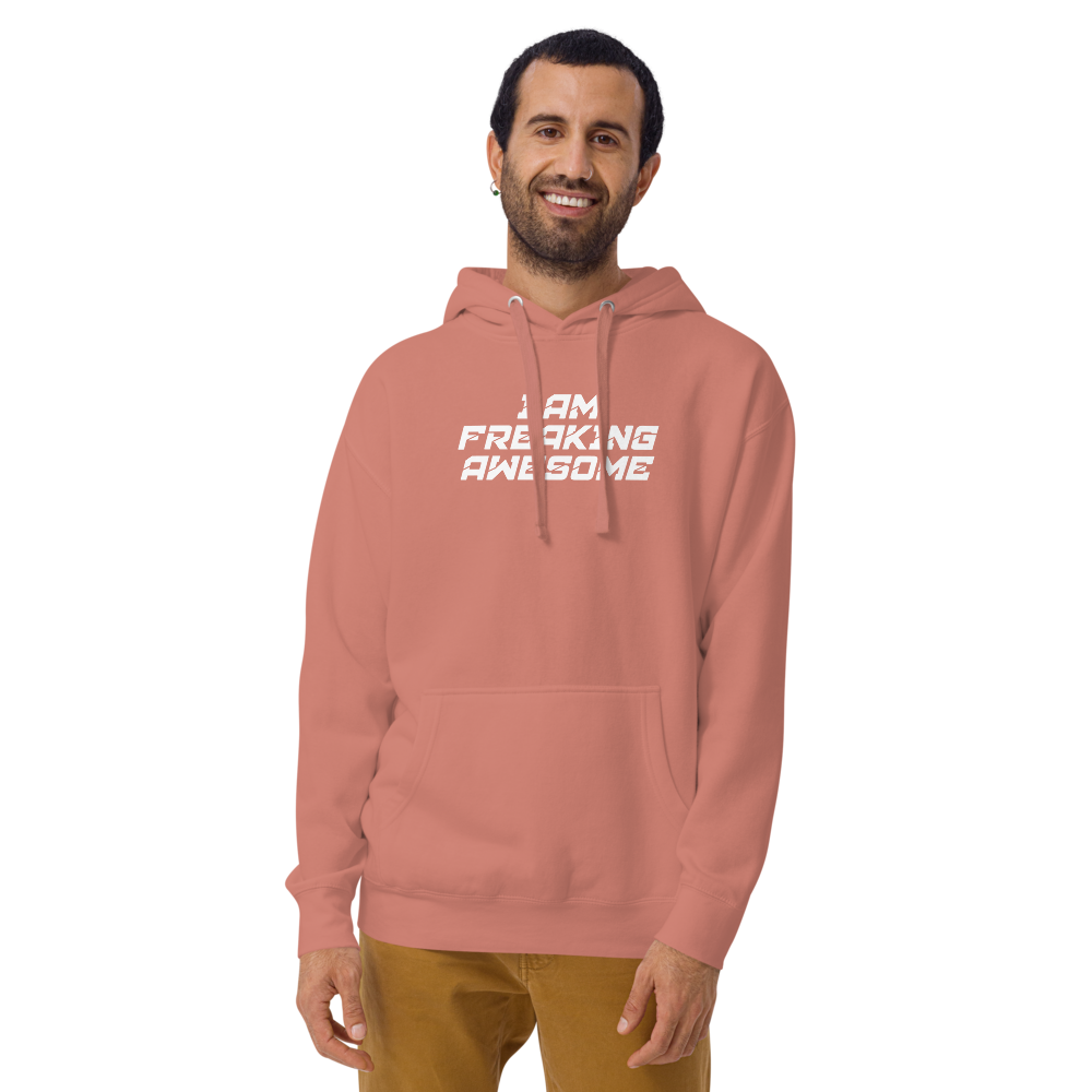 "I Am Freaking Awesome" printed on a dusty rose warn by a male