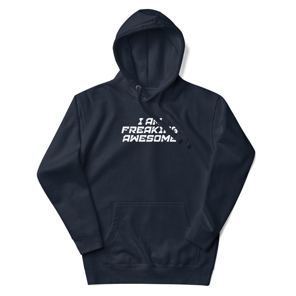 "I Am Freaking Awesome" printed on a navy blazer unisex hoodie laying on a flat surface with the hood up