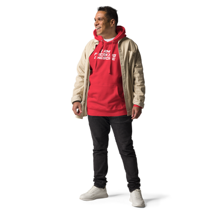 "I Am Freaking Awesome" printed on a team red unisex hoodie worn by a male with a jacket on top