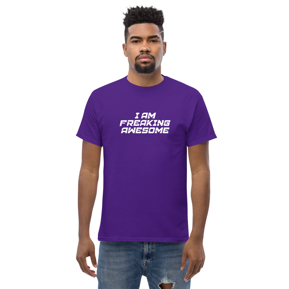 "I Am Freaking Awesome" printed on a purple unisex classic tee worn by a male