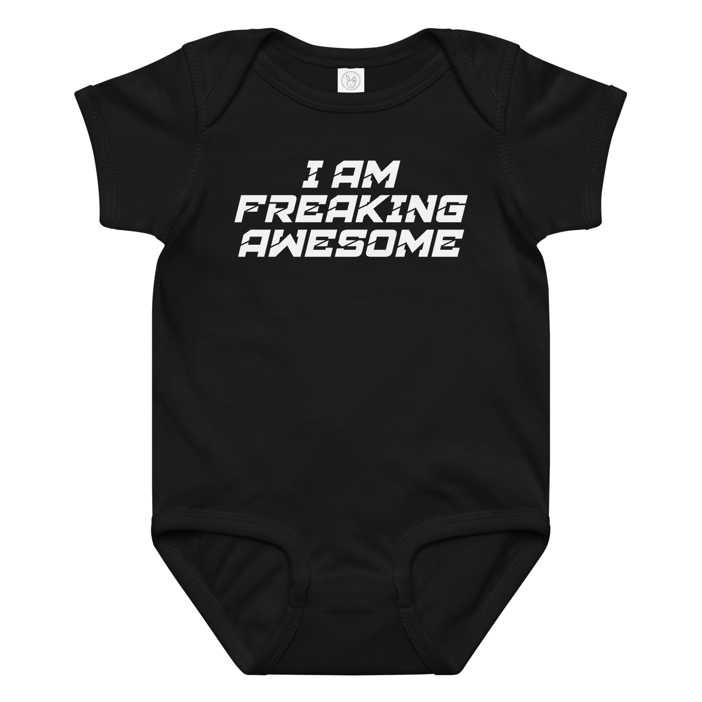 "I Am Freaking Awesome" printed on a black baby jersey bodysuit laying on a flat surface amongst other clothes