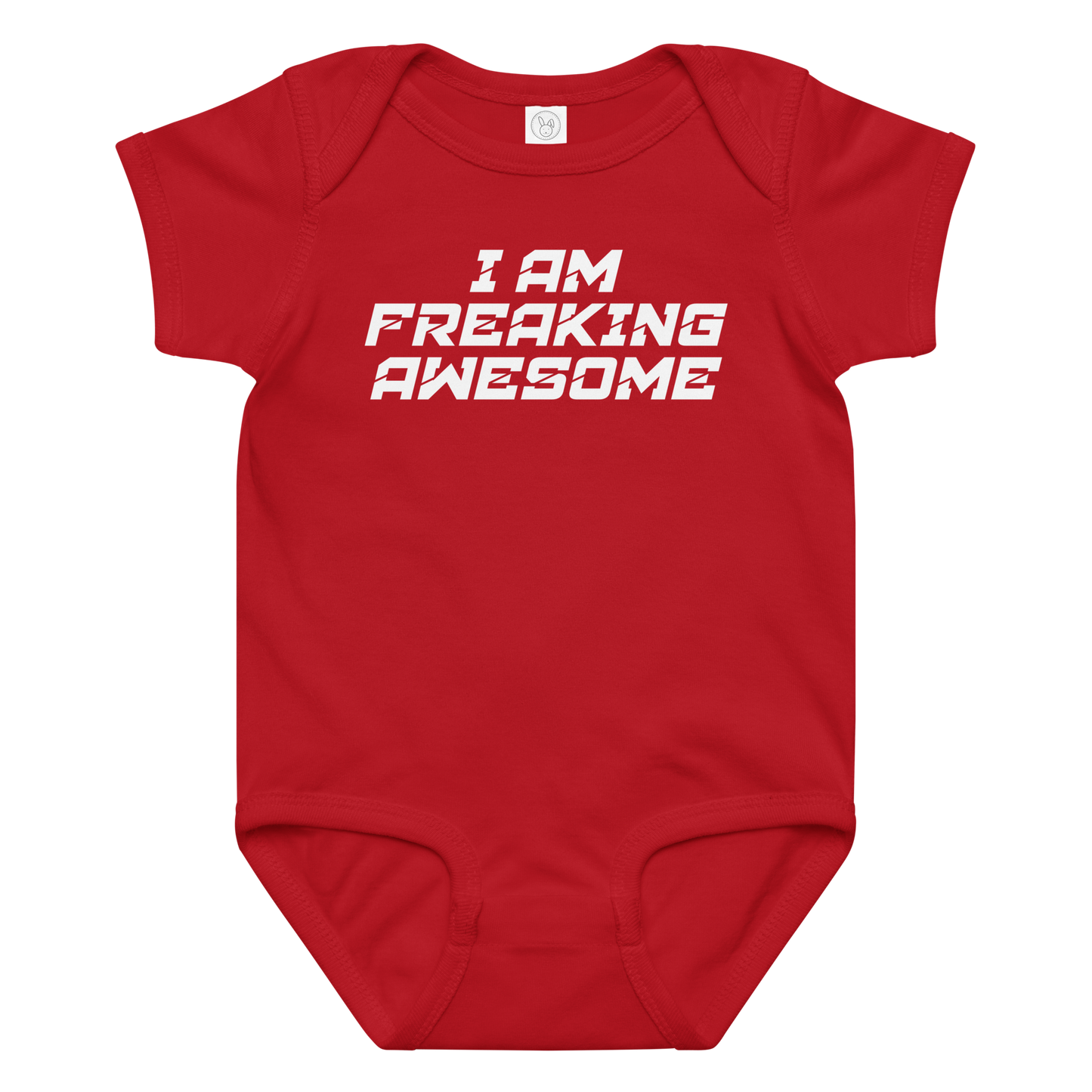 "I Am Freaking Awesome" printed on a red baby jersey bodysuit laying on a flat surface amongst other clothes