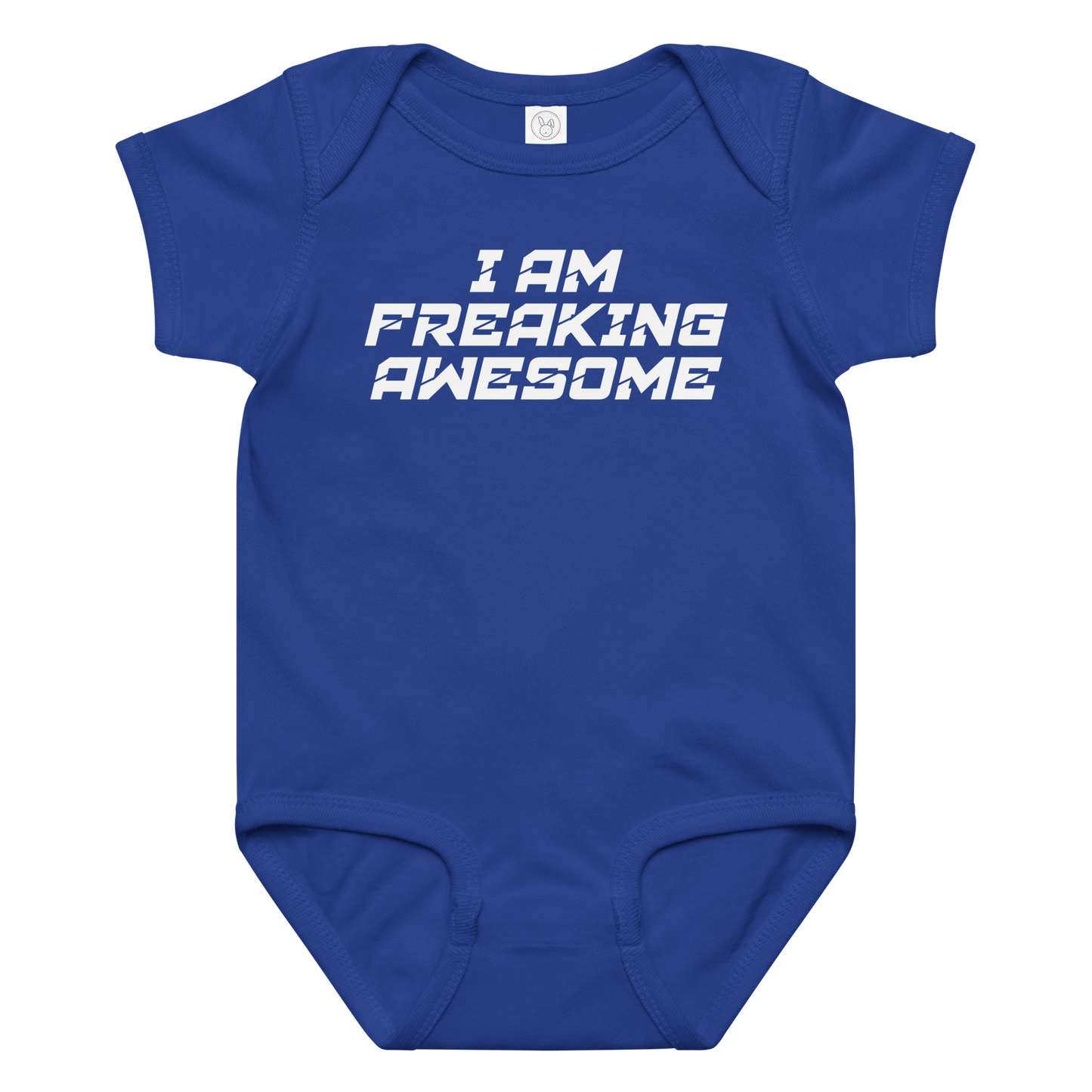 "I Am Freaking Awesome" printed on a royal baby jersey bodysuit laying on a flat surface amongst other clothes