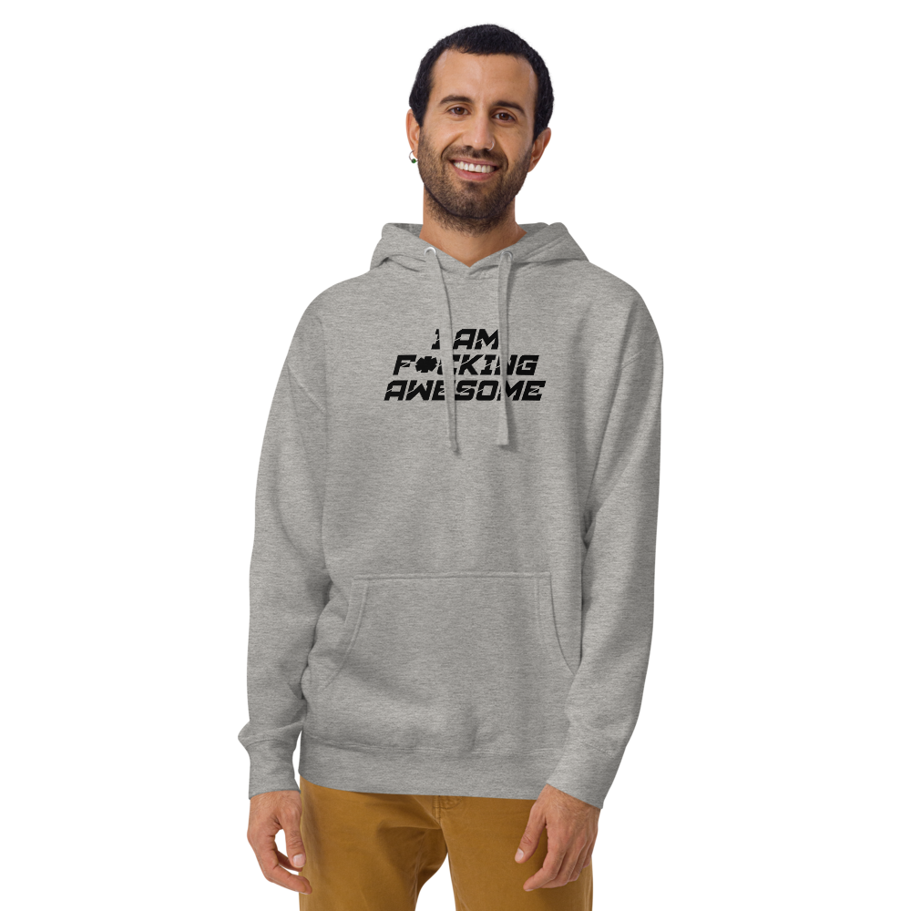 "I Am F*cking Awesome" printed on a carbon grey warn by a male
