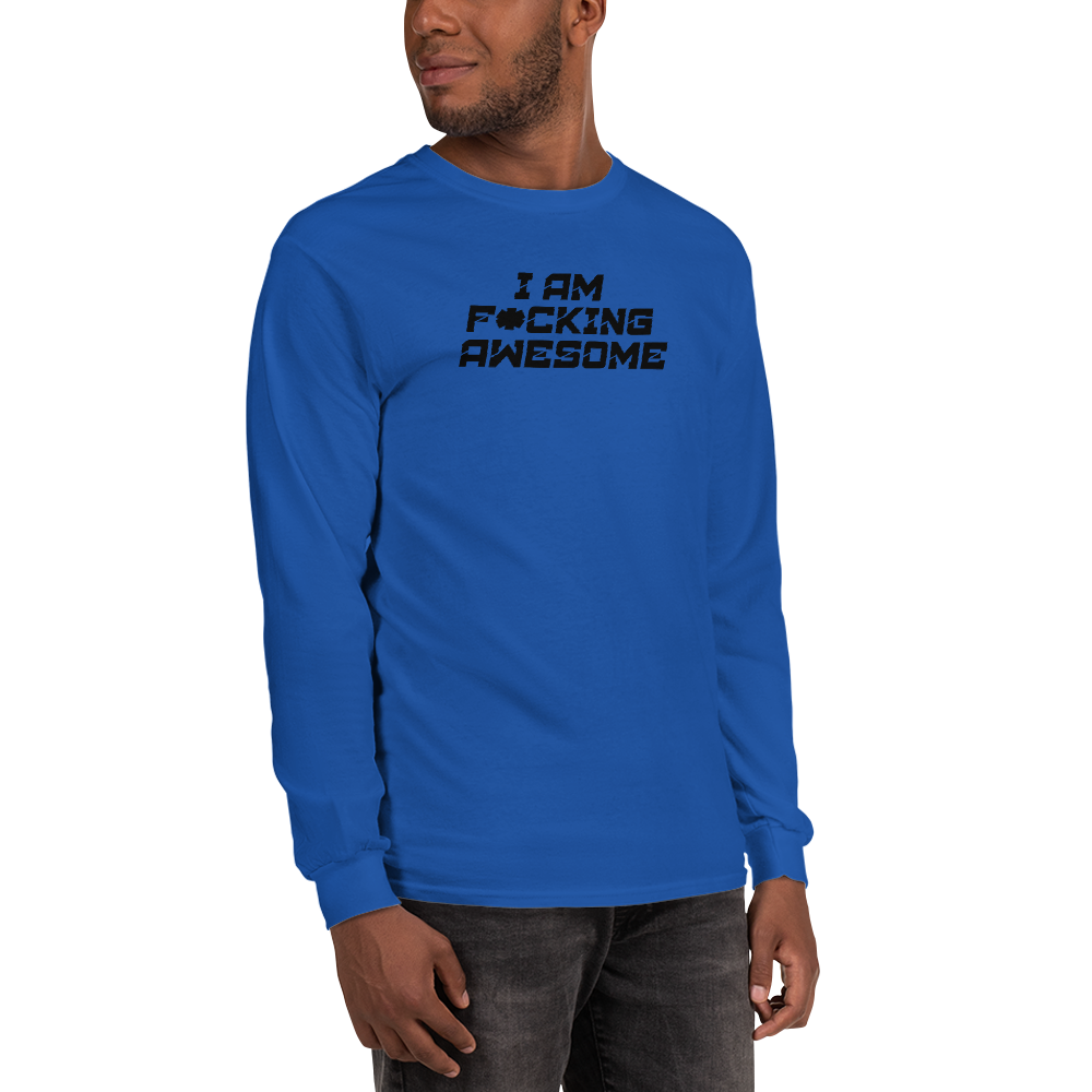 "I Am F*cking Awesome" printed on a royal men's long sleeve shirt worn by a male