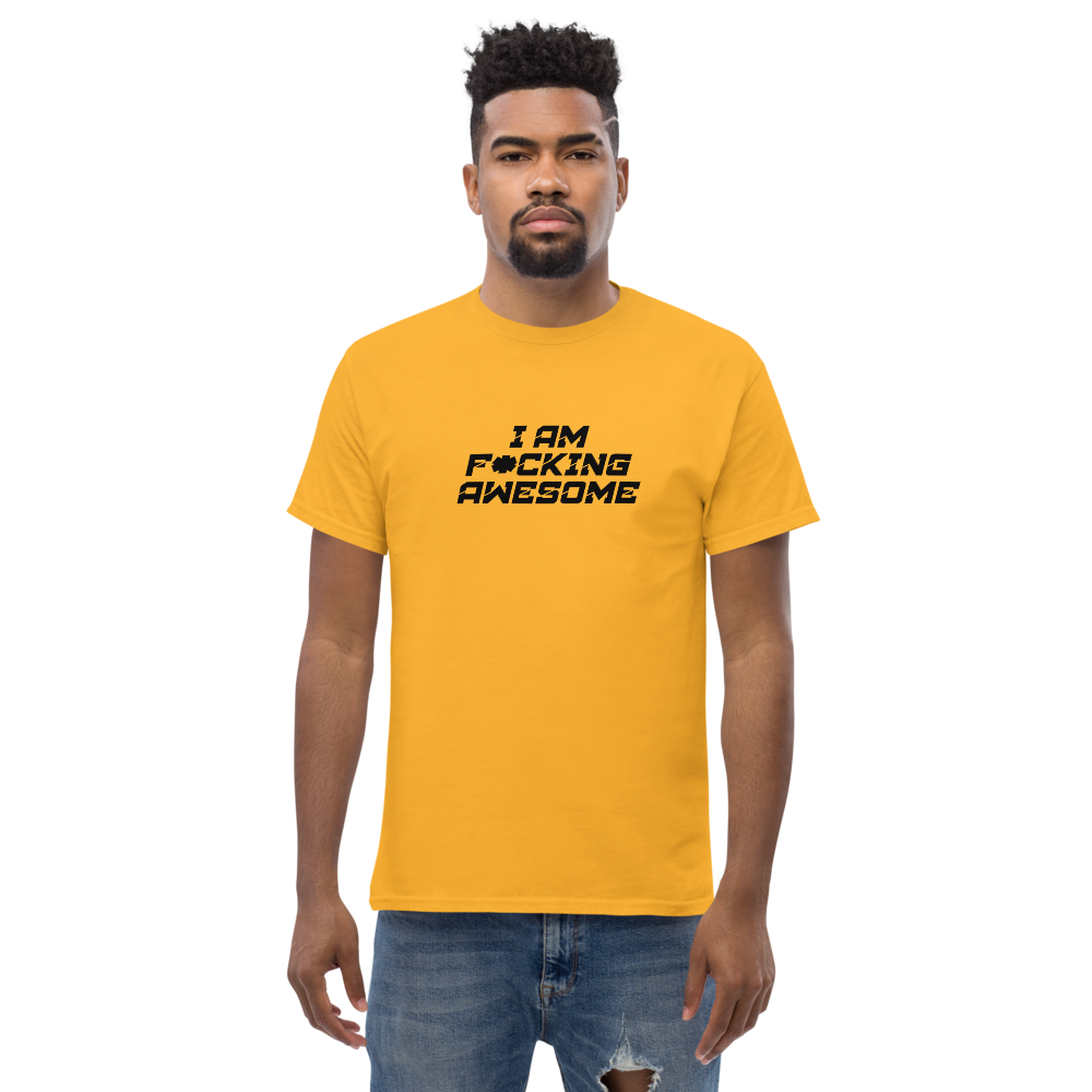 "I Am F*cking Awesome" printed on a gold unisex classic tee worn by a male