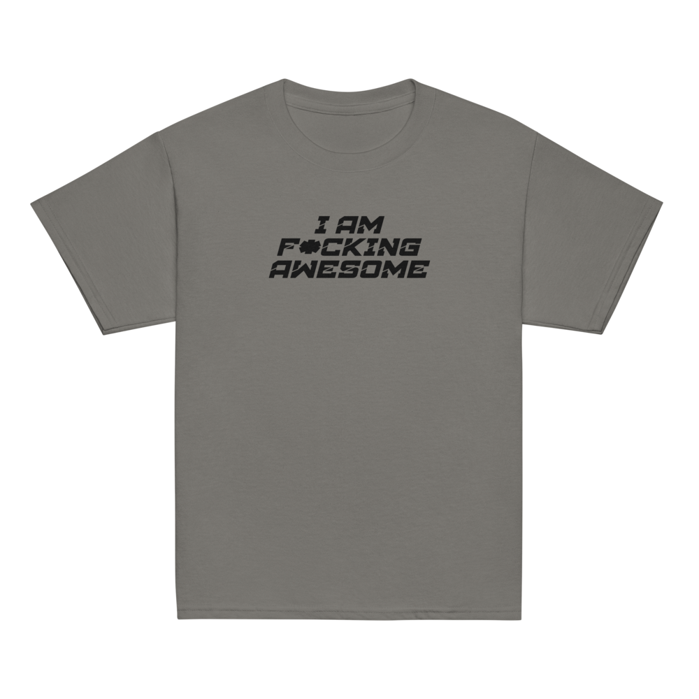 "I Am F*cking Awesome" printed on a charcoal youth classic tee laying on a flat surface