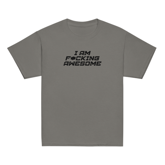 "I Am F*cking Awesome" printed on a charcoal youth classic tee laying on a flat surface