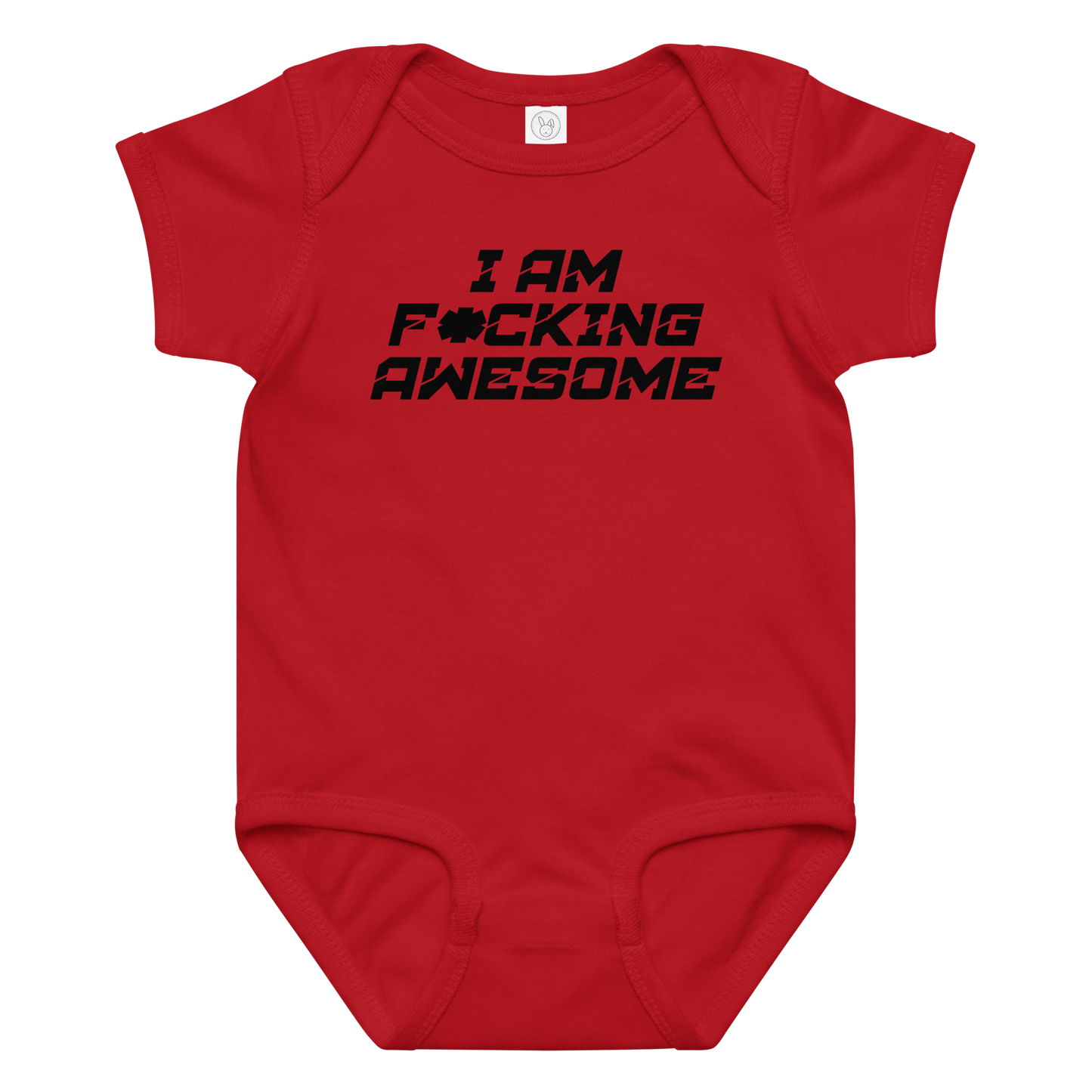 "I Am F*cking Awesome" printed on a red baby jersey bodysuit laying on a flat surface amongst other clothes