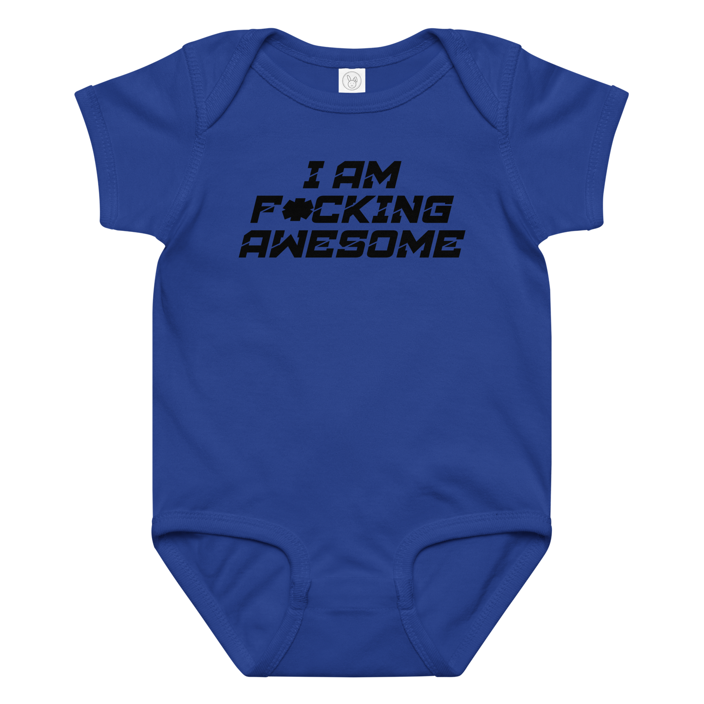 "I Am F*cking Awesome" printed on a royal baby jersey bodysuit laying on a flat surface amongst other clothes