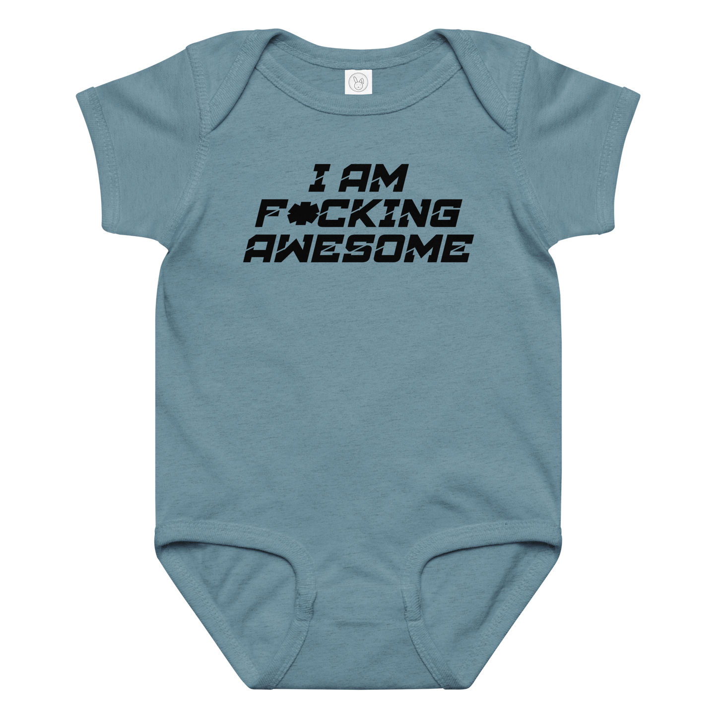 "I Am F*cking Awesome" printed on a vintage indigo baby jersey bodysuit laying on a flat surface amongst other clothes