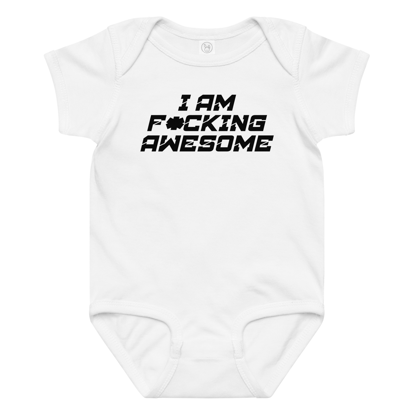 "I Am F*cking Awesome" printed on a white baby jersey bodysuit laying on a flat surface amongst other clothes