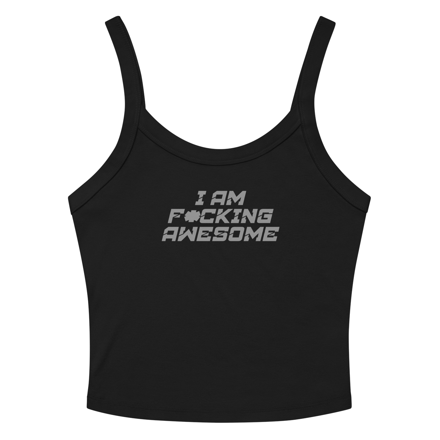 "I Am F*cking Awesome" printed on a solid black blend women's micro-rib tanktop laying on a flat surface amongst sunglasses and shorts