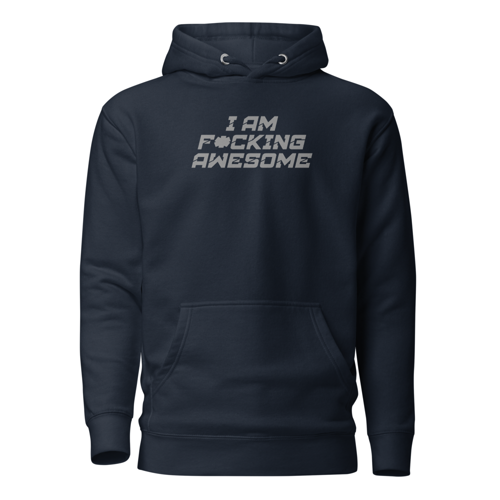 "I Am F*cking Awesome" printed on a navy blazer on an invisible / simulated body