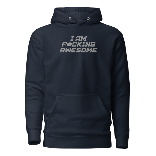 "I Am F*cking Awesome" printed on a navy blazer on an invisible / simulated body