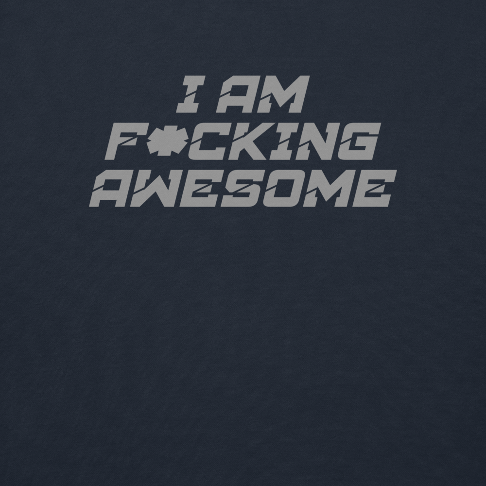 "I Am F*cking Awesome" printed on a navy blazer background